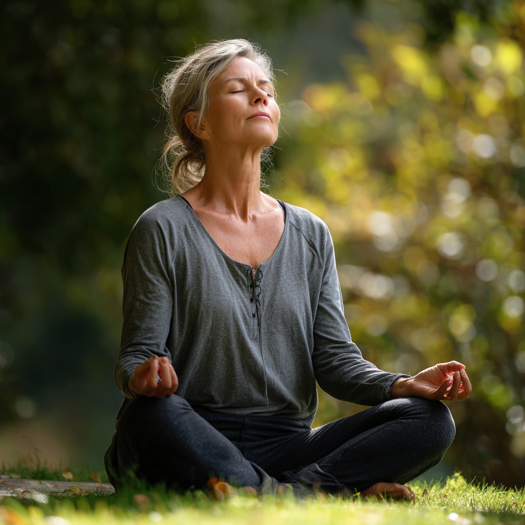 Middle-aged woman practicing yoga meditation in peaceful environment
